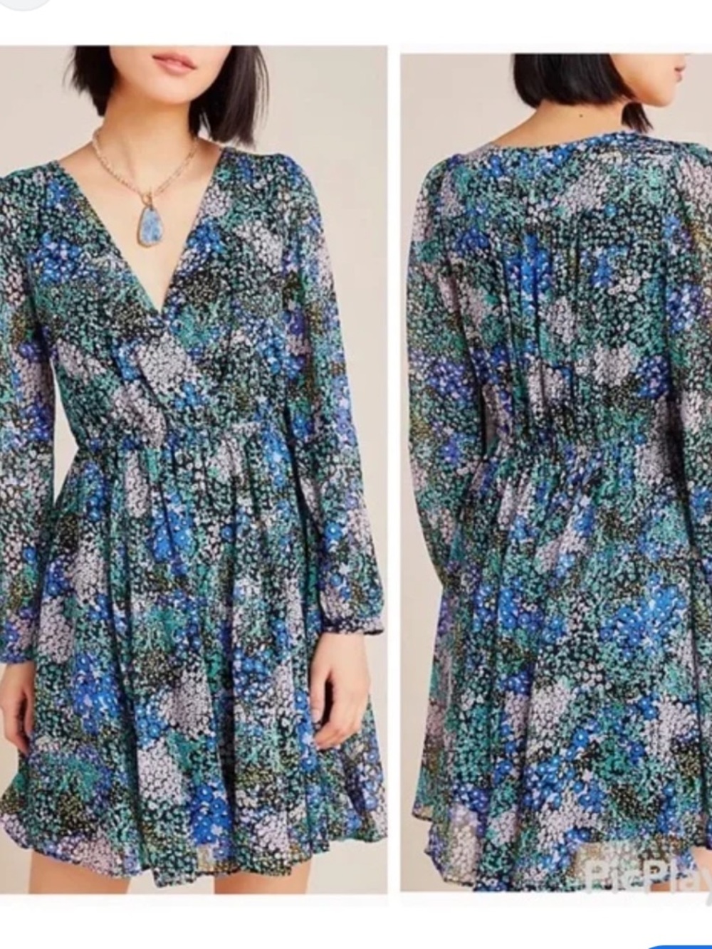 Maeve Anthropologie Carolyn Blue Green Floral Long Sleeve Mini Dress Petite M